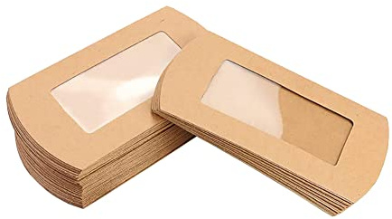 HugeDE 50 Pcs Kraft Paper Pillow Boxes Party Favor Gift Cases Packaging Candy Boxes Christmas Cookie Gift Boxes with Clear Window, Yellow, 14.5 x 7.5cm