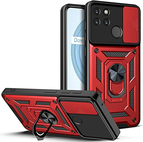 DESSEN Funda para Realme C21Y (C21-Y) / Realme C25Y, Carcasa de Silicona Suave de TPU/PC y Lente Cover, con Magnético Soporte de Anillo Giratorio, Golpes Bumper Case. Rojo