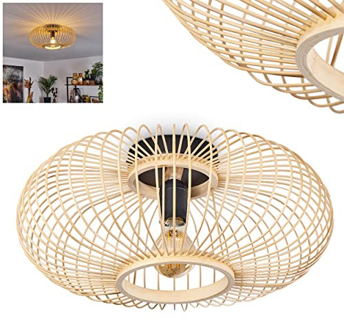 Deckenleuchte Oravi, runde Deckenlampe aus Metall/Bambus in Schwarz/Natur, 1-flammig, E27-Fassung, Ø 40 cm, Leuchte im Retro/Vintage-Design mit tollem Lichteffekt durch Gitter-Optik, ohne Leuchtmittel