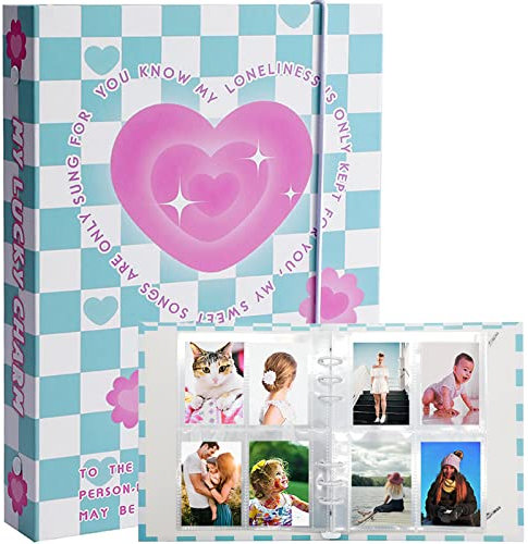 SZHTSWU A5 Binder Fotokartenalbum Kpop Fotokarten Halter Buch mit 20 Blätter 3 Zoll Fotoalbumhüllen in Loseblatt nachfüllbar 6 Ringe Binder Abdeckung Buch für Bildkarten Lagerung (Herz Blau Kariert)