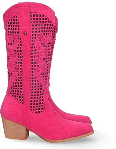 shoes&blues.es 71081 Bota de Tacon para Mujer, Comoda, con Calados en la Cana, y Cierre de Cremallera, Primavera Verano 2023 Fucsia Talla 36