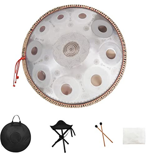 Handpan-Trommelinstrument für Erwachsene, 55,9 cm, 10 Töne, D-Moll, 432 Hz, aus Stahl, silberfarben