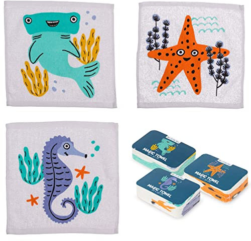 damaloo 3 toallas mágicas para niños con motivo de animales, toalla mágica con diseño de animales marinos, juego de toallas mágicas para niños y niñas, paños mágicos de algodón, 30 x 30 cm