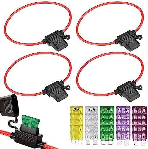 GTIWUNG 5 Piezas Portafusibles, Soporte de Fusible En Linea Hoja Portafusibles, 10AWG Portafusibles en Línea con Una Gorra con 25 Piezas 20A/25A/30A/35A/40A Portafusibles de Cuchillas
