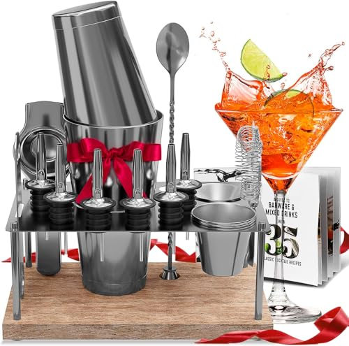 Bar Set Cocktail Shaker Set Bartender Kit, 17 Piece Silver Cocktail Set, Mixology Bartender Kit with Wood Stand, Steel Cocktail Kit, Bar Accessories: 30oz Martini Shaker, Muddler, Cocktail Book & More