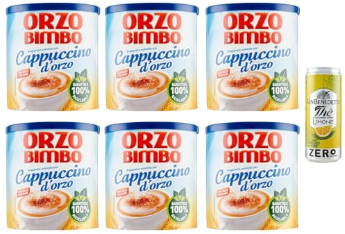 6er-Pack Orzo Bimbo Cappuccino D'orzo Solubile,Löslich-Gersten-Cappuccino,eine koffeinfreie Alternative 150g + 1er-Pack Kostenlos San Benedetto Eistee mit Zitrone Ohne Zucker 330ml Dose