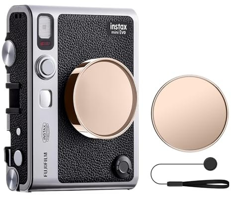 MUZIRI KINOKOO Objektivdeckel für Fuji Instax Mini EVO Sofortbildkamera, hochwertige Mini EVO-Objektivabdeckung aus Kunststoff mit Beflockung innen und Anti-Verlust-Seil - Champagner Gold