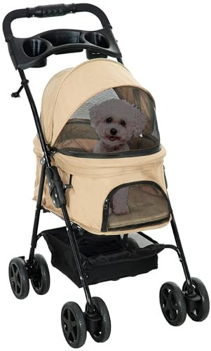 PawHut Hundewagen Hundebuggy mit Klappfunktion Pet Stroller für kleine Hunde und Katzen Haustierwagen Katzenbuggy Oxford Khaki 67 x 45 x 96 cm