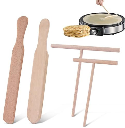 Spatule Crepe Etaleur Crepe Crêpes En Bois Spatule En Crepiere Râteau Crêpe Spreader Kit Multifonction Râteau à Crêpes Outils Spatule à Crêpes Pour Pancake Maker Cooking Tool 4Pcs