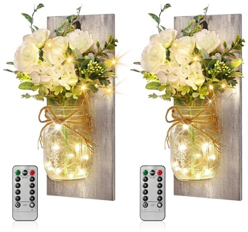 Vegena 2 Stück Mason Jar Licht, Einmachglas Wandleuchten, Einmachglas Wandleuchter Rustikale Wanddekoration Mit Fernbedienung Led Lichterkette Und Weißer Rose Wandlampe Für Schlafzimmer, Garten