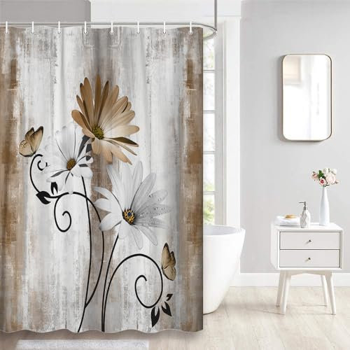 VeiVian Rustikaler Duschvorhang mit Gänseblümchen und Schmetterlingen für Badezimmer, Creme-Hellbraun, Beige, Braun, 91,4 x 178,8 cm