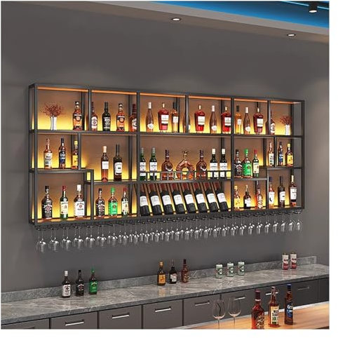 Large Wall Mounted Wine Rack With LED Light, Wine Glass Wall Rack For Liquor Bottles, Bar Unit Floating Shelves, Storage Display Wine Bottle Shelf, Hanging Goblet Rack For Home Kitchen Decoration(Colo