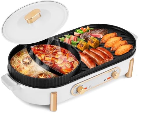 YJINGRUI Hot Pot - Barbecue elettrico 2200 W, 2 in 1, con 2 regolazione indipendente della temperatura per 3-12 persone