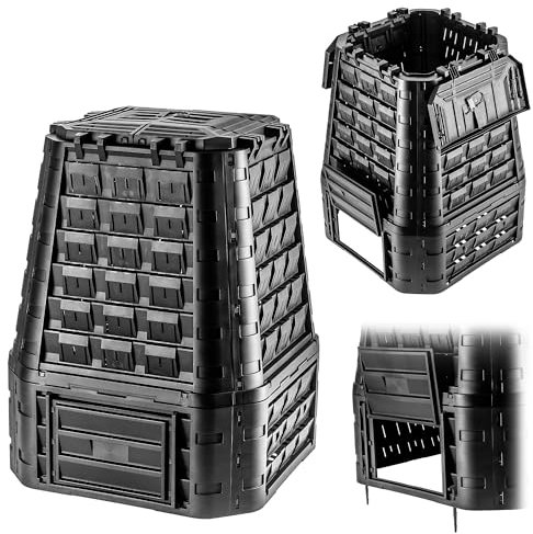 KADAX Composteur de jardin en plastique, composteur pour déchets de jardin, poubelle à compost avec ventilation, bac à compost avec irrigation goutte à goutte, composteur rapide (noir, 750 L)