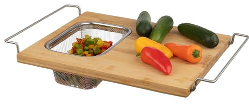 Planche à découper avec passoire – Planche à découper réglable 2 en 1 en bambou avec passoire amovible en acier inoxydable pour au-dessus de l'évier Classic Cuisine