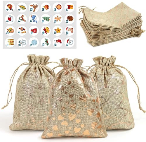 Lelezia Adventskalender zum Befüllen stoff Jutesäckchen, 24 Adventskalender Tüten Leere jutebeutel, Geschenktüten Weihnachten Klein Weihnachten jutesack mit Kordelzug, Gold,15x20CM