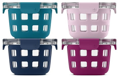 Ello Duraglass - Paquete de 4 tarros de vidrio reutilizables de 2 tazas con tapas a prueba de fugas y fundas protectoras de silicona, perfecto para avena nocturna, yogur, sin BPA, apto para