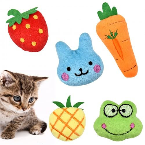 Rapidbok Jouet Chat Herbe à Chat, 5 Pièces Jouets avec Herbe à Chat, Jouet en Peluche à l'herbe à Chat de Forme Mignonne pour Chatons Jeu à Mâcher Fraise/Grenouille/Lapin/Ananas/Carotte