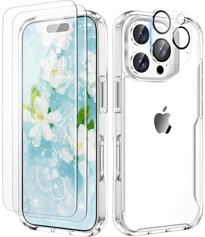ORETECH Coque pour iPhone 16 Pro avec 2 Verre Trempé Protection écran et 1 Caméra Protecteur, Dos PC Rigide Souple Silicone Bumper Antichoc Protection Housse pour iPhone 16 Pro 6.3(Transparent)