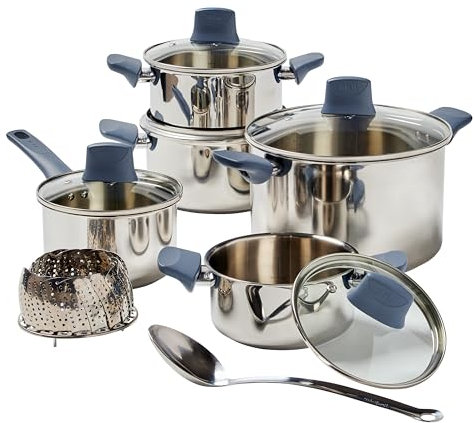 T-fal Essentials Batterie de cuisine 12 pièces en acier inoxydable, compatible avec l'induction, passe au four 350 °C, ensemble de cuisine avec marmites, casserole, couvercles et outils, marques de