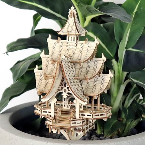 Temple of Joy 3D Wooden Puzzle for Adults and Kids - Includes LED Lights, Acrylic Stake, and Assembly Tools, DIY Kit for Home or Plant Decor, 83 Pieces (Battery not Included) by Tiny Tree Houses
