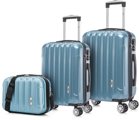 1990s Juego de Maletas Policarbonato Rígida 3 Piezas|Maleta Cabina 55cm|Maleta Mediana 68cm|Neceser 29cm|Azul