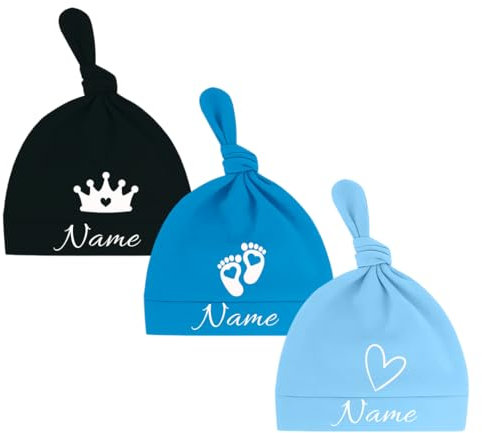 Ahoiikids Personalisierte Baby Mütze aus Baumwolle – Knoten Beanie mit Namen unf Motiv – Für Neugeborene (DE/NL/SE/PL, Alter, 0 Monate, 6 Monate, Baby, 3 Set Schwarz, Blau und Hellblau)