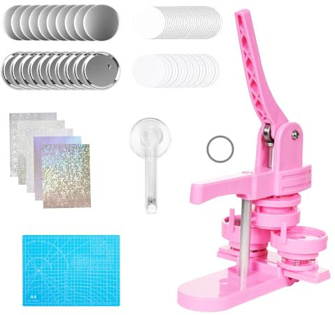 Buttonmaker Knopfmachermaschine, 58 mm Pinmaker,100-teilige Buttonteile, Pin Button Maschine, Stanzset mit Bogengriff, für DIY-Geschenke für Kinder (Rosa)