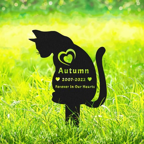 AdtHYUxq Custom Cat Memorial Marker for Outdoors Cat Grave Decorations, Personalized Cat Memorial Stake Cat Grave Marker Garden Stake, Customized Cat Metal Memorial Grave Plaque with Hearts