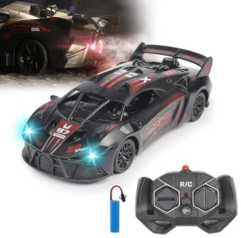 Lotvic Macchina Telecomandata per Bambini con Spray, 1:24 RC Drift Car, 4WD Macchine Telecomandate, Radiocomandata Auto con Blocchi Stradali e Ruote, Regali Giocattoli per Ragazzi Bambini (Rosso)