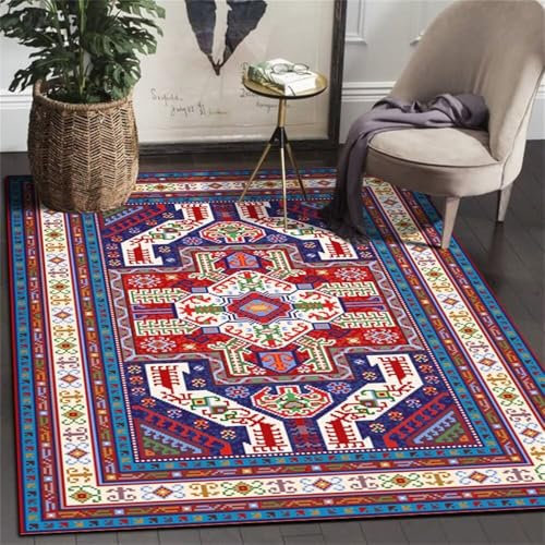 QGYFRE Teppich Küche Waschbar Kinder Babyzimmer Junge 70x140CM rot Blauer Vintage Floral Design verschleißfester