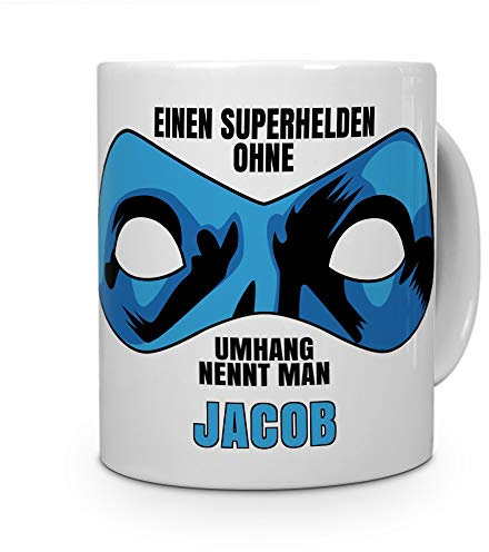 printplanet Tasse mit Namen Jacob - Motiv Superhelden ohne Umhang - Namenstasse, Kaffeebecher, Mug, Becher, Kaffeetasse - Farbe Blau