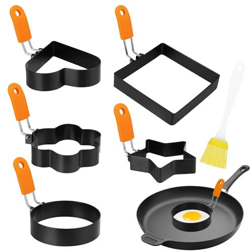 Xialvyu 5 Stück Spiegeleierformen, Edelstahl Spiegeleiform, Eierringe mit Klappgriffen Silikon Pinsel, Egg Ring, Eierformer Edelstahl für Spiegeleier, Sandwiches, Hackbraten