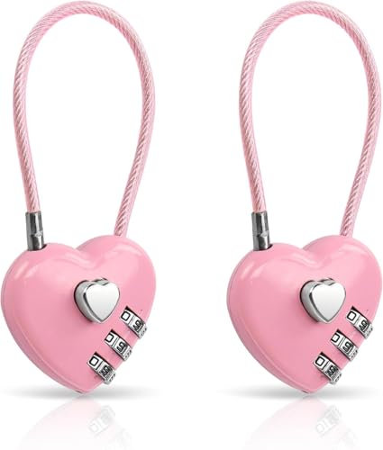 2 Pcs Pink Combination Lock, 3 Digit Heart Shaped Padlock for School Gym Locker, TSA Approved Cable Luggage Locks, Sports Locker Lock, Fence, Luggage, Backpack, Valentine Gift, Luggage Accessories