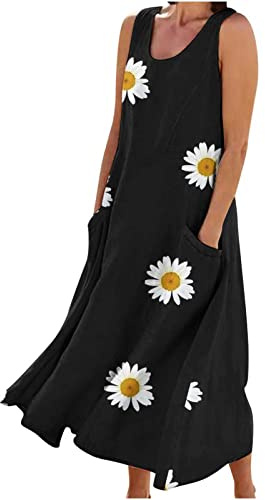 HAOLEI Linen Dresses for Women UK Sale Elegant Sleeveless Maxi Dress Plus Size Ladies Summer Tshirt Dress Casual Loose Beach Long Dresses Boho Cotton Linen A Line Flowy Tank Sun Dress with Pockets