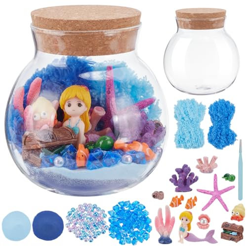 WEBEEDY Kit de Terrarium de Bricolage pour Sirène Jardin de Plantes en Bocal Mini Kit de Terrarium de Jardin pour Adultes avec des Perles Sirène Cristaux Corail Cadeau de Décoration d'Été