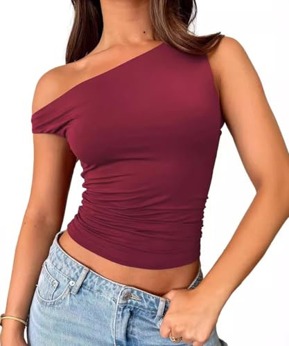 ABINGOO Camiseta De Verano Mujer Sin Tirantes Sexy Y2K Slim Fit Camisole Elegantes Tank Top De Fiesta Con Un Hombro Moda Causal Streetwear(Rojo,S)