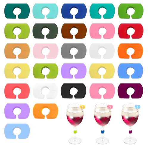 28 Stück Glasmarkierer, Glas Markierung Trinkgläser, Glasmarker Silikon, Wiederverwendbar Glas Markierer, Glasmarker für Martini Gläser Weinglas Champagnerglas Cocktailglas(Zufällige Farbe)