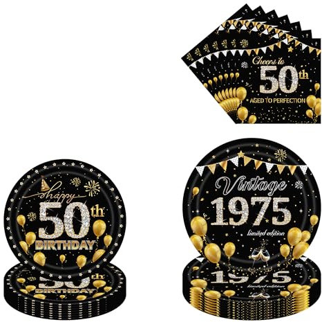 50th Birthday Party Decorations Set - 96 Pcs Black Gold 50th Birthday Table Decorations Including Paper Plates And Napkins Dinnerware Party Decoration for Women Serve 24 Guests