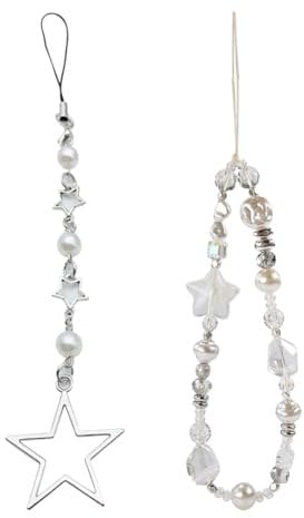 JIHUOO 2 Pcs Pearl Beaded Phone Wrist Strap Star Mobile Phone Case Keychain Smartphone Wristlet Strap Cellphone Case Wrist Lanyard Bead Digital Camera Lanyard Camera Wrist Straps Charm for Women
