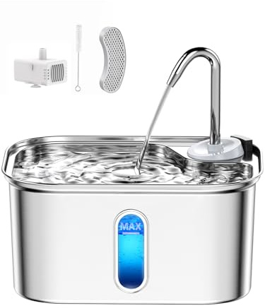 Cat Water Fountain Stainless Steel for Cats Indoor 2.5L 85oz by BPA-Free SUS304, Effective 6-Layer Filter Cat Fountain for Drinking 20dB Ultra Quiet & Soft Flow Metal Pet Water Fountain