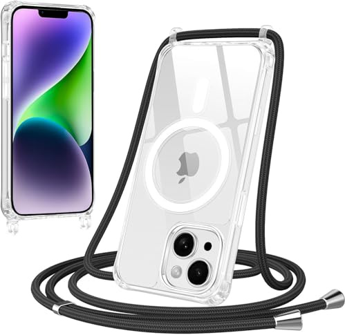 FMPCUON Magnétique Coque pour iPhone 14 Plus avec Cordon(1.5M),Compatible avec MagSafe,Réglable Collier Lanière Étui Portable Lanyard Case Housse,Transparente