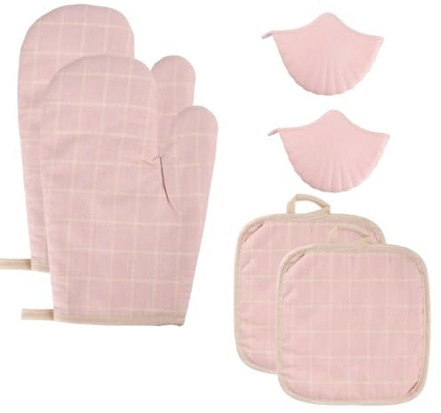 Kaiyzo Ofenhandschuhe​ & Topflappen Set, 2X Hitzebeständige Backhandschuhe, 2X Muschelhandschuhe, 2X Untersetzer, für Küche, Backofen, Mikrowelle (Pink)