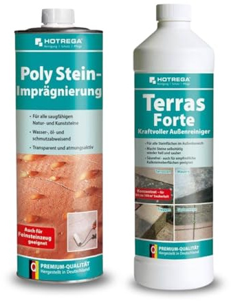 HOTREGA Poly Steinimprägnierung 1L + Terras Forte 1L | Steinreiniger Set | Pflege für Naturstein & Kunststein | Gegen Moos, Algen & Öl | Konzentrat reicht bis 100 m² | Schutz für Terrassenplatten