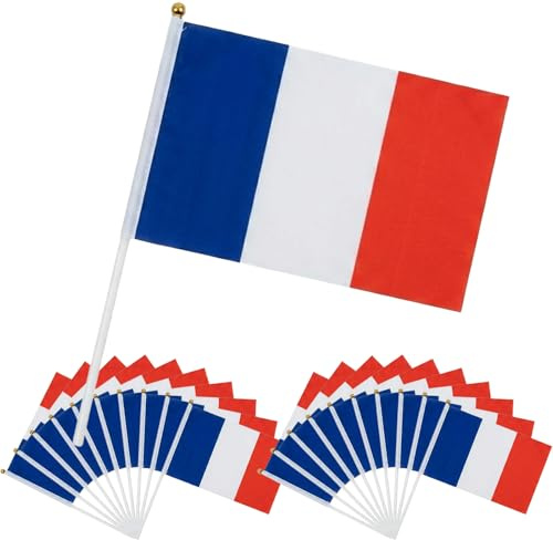 YESAH 20P Drapeau à Main France,14 x 21 cm,Drapeau France à Flotter Avec Mât en Polyester pour Le Football,Les Manifestations Publiques,Les Festivals de Rue et Les Fêtes Nationales.
