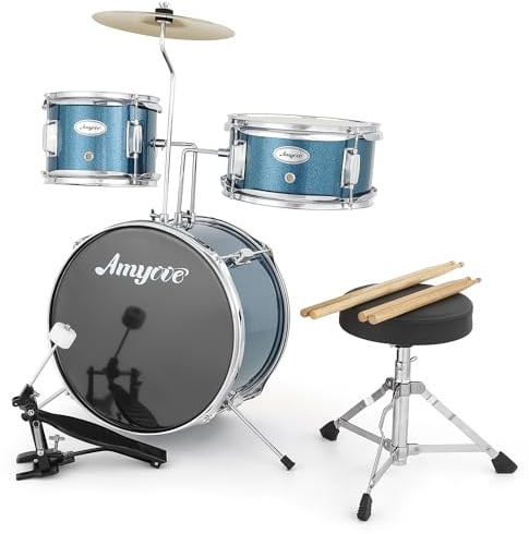 Garvee Batterie Junior 3 pièces pour débutants – Kit Musical avec Grosse Caisse, Caisse Claire, Tom, cymbale 10, Baguettes, pédale et Tabouret – Idéal Apprentissage Percussion – Bleu