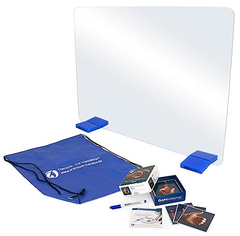 AFH Webshop T-Spiegel® Premium | Groß | 69,5 cm x 50,2 cm | Spiegel (Standfüße: blau | mit Bildkarten Hand) inkl. Tragetasche