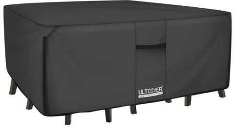 ULTCOVER Abdeckung für Terrassentisch und Stühle, 600D, Robustes Leinen, langlebig, rechteckig, wasserdicht, für den Außenbereich, 345,4 x 188 cm, Schwarz