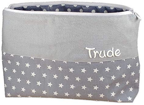 Kulturbeutel Sterne mit Namen, Kosmetiktasche personalisiert, Waschtasche, Kulturtasche, Reisebeutel, (grau)