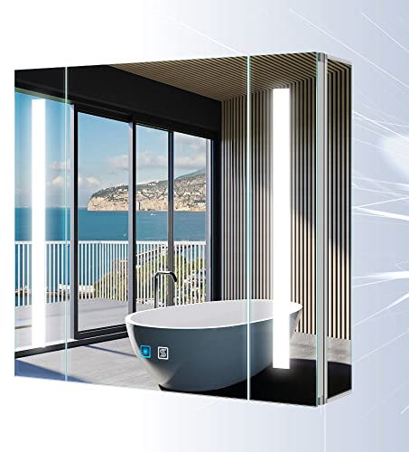 Tokvon® Alameda Bathroom Mirror Cabinet led illuminated light mirrored cabinet with led dimmer switch shaver socket demister strip lights 650x600mm made of aluminum alloy